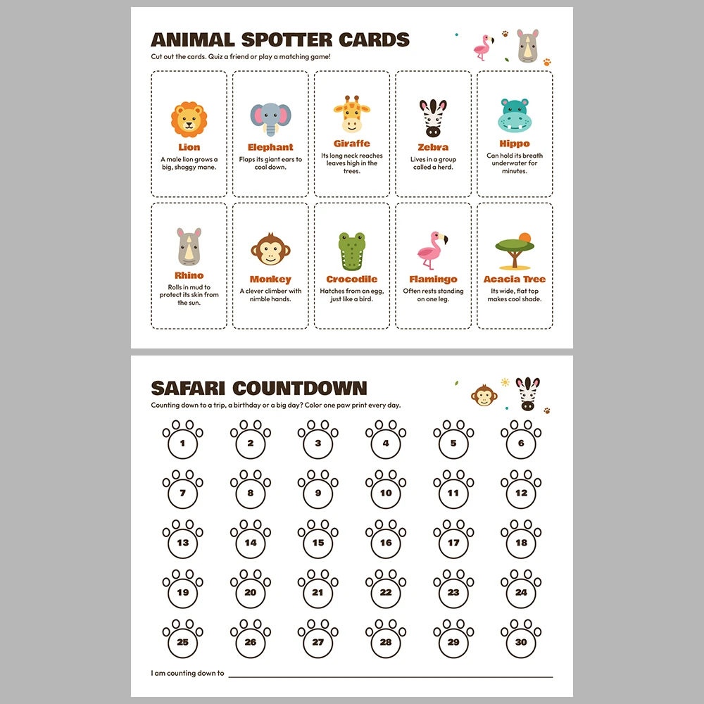 2027 Kids Calendar Printable | Safari Adventure Monthly Calendar with Activities | Sunday & Monday Start | Letter A4 Desk Pad PDF
