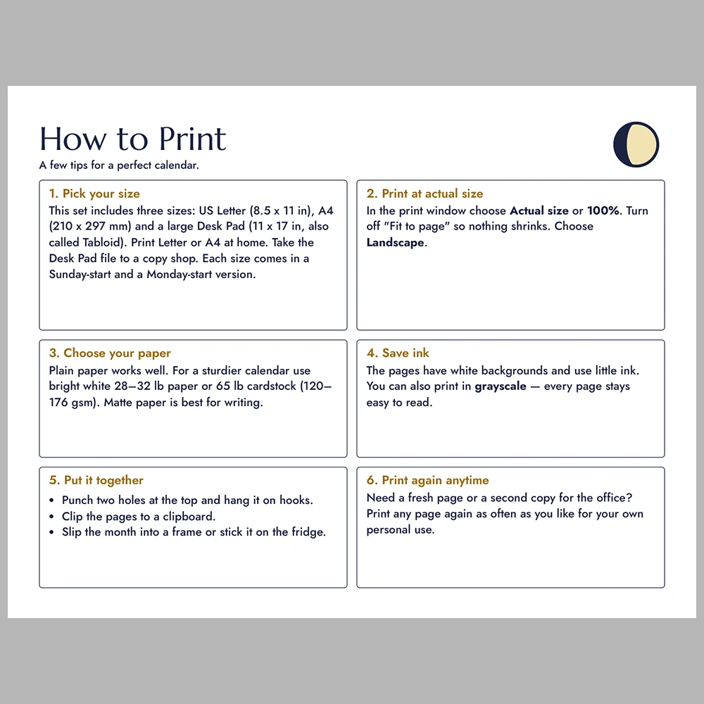 2027 Moon Phases Calendar Printable | Lunar Phase Monthly Wall Calendar | Sunday & Monday Start | Letter A4 Desk Pad PDF