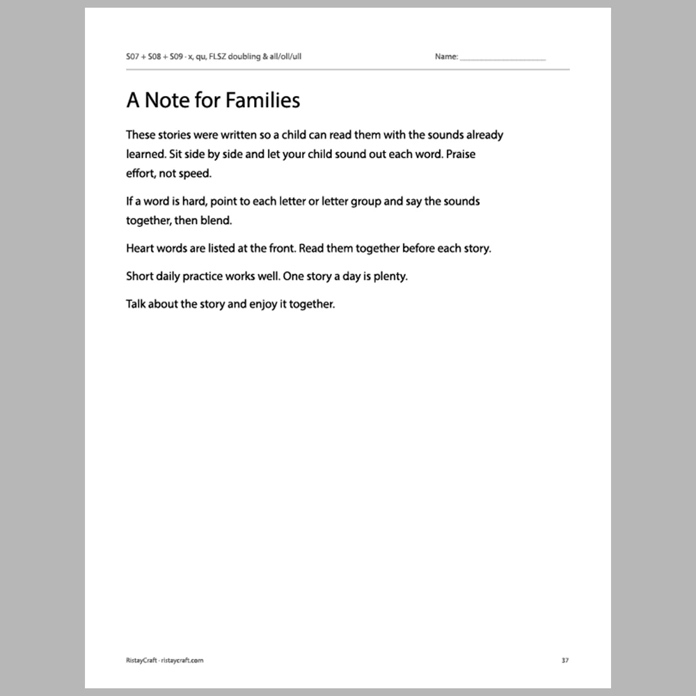 x, qu, FLSZ doubling & all/oll/ull Decodable Readers | 8 Stories 38 Pages | Phonics Printable PDF | Ages 5-6