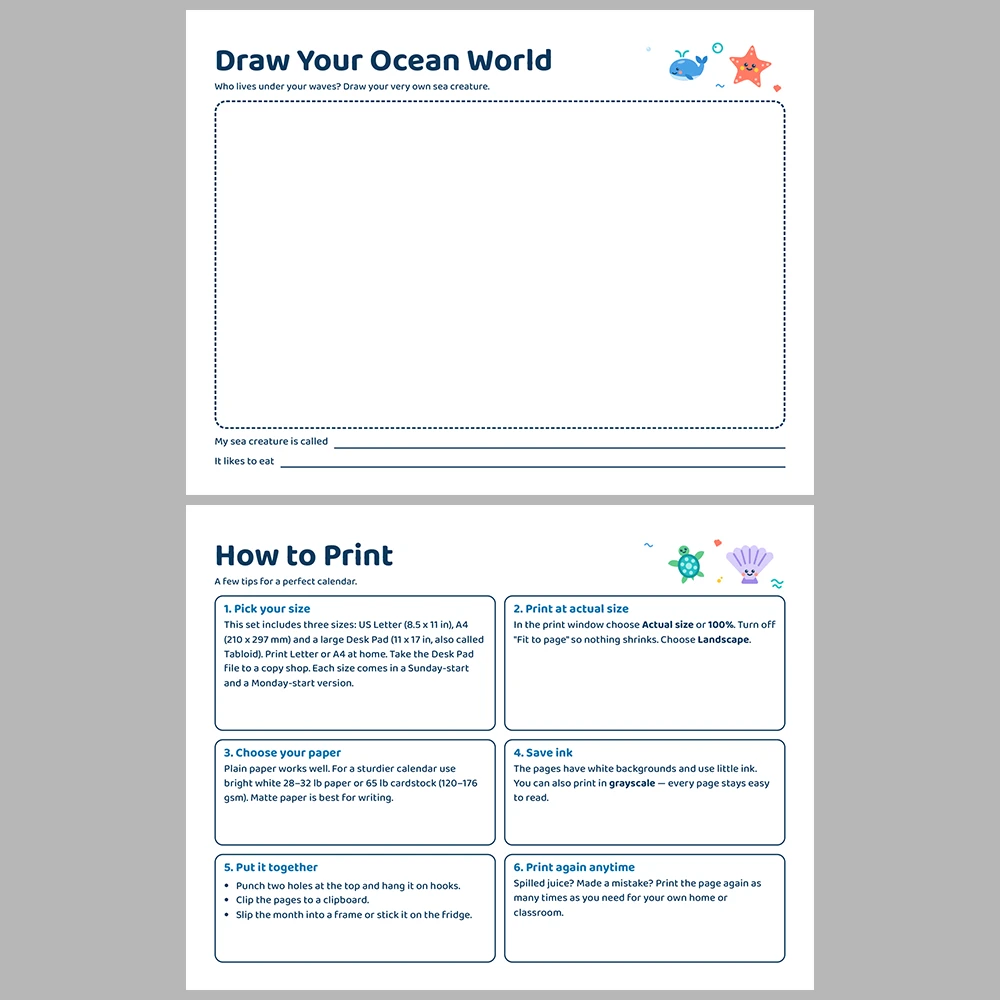 2027 Kids Calendar Printable | Ocean Friends Monthly Calendar with Activities | Sunday & Monday Start | Letter A4 Desk Pad PDF