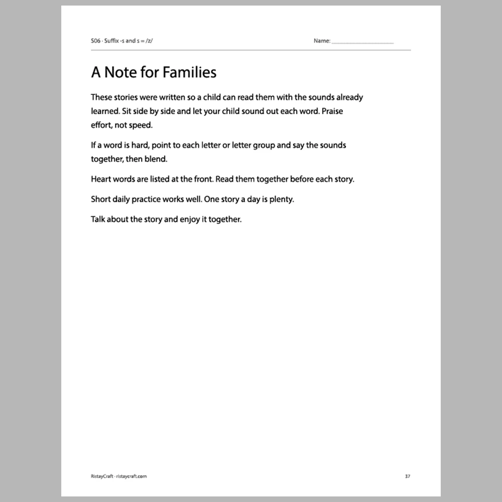 Suffix -s and s = /z/ Decodable Readers | 8 Stories 38 Pages | Phonics Printable PDF | Ages 5-6