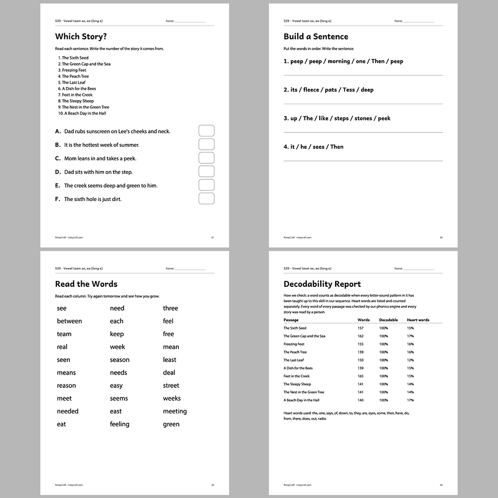 Vowel team ee, ea (long e) Decodable Readers | 10 Stories 44 Pages | Phonics Printable PDF | Ages 6-8