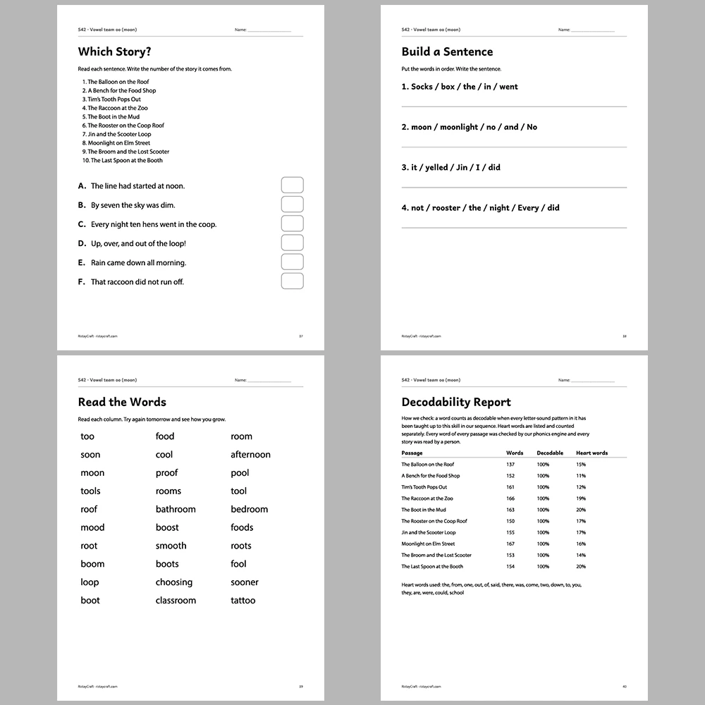 Vowel team oo (moon) Decodable Readers | 10 Stories 44 Pages | Phonics Printable PDF | Ages 6-9