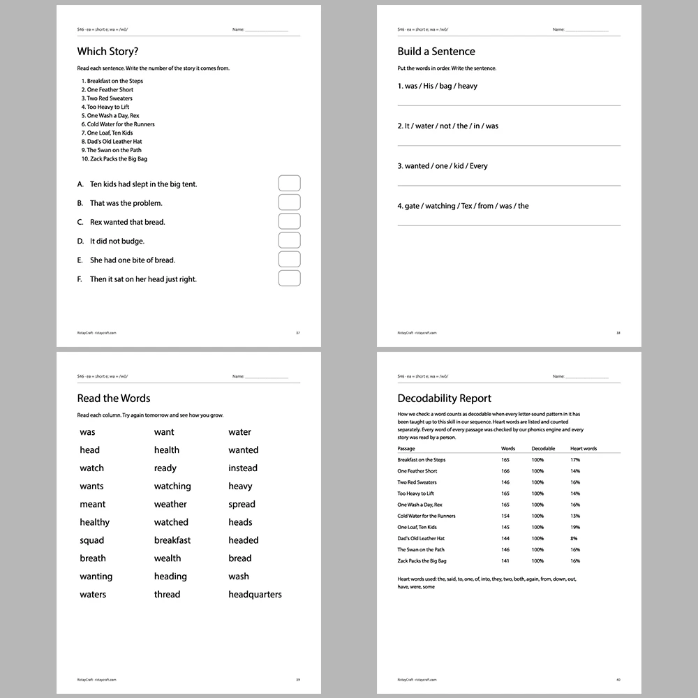 ea = short e; wa = /wŏ/ Decodable Readers | 10 Stories 44 Pages | Phonics Printable PDF | Ages 6-9