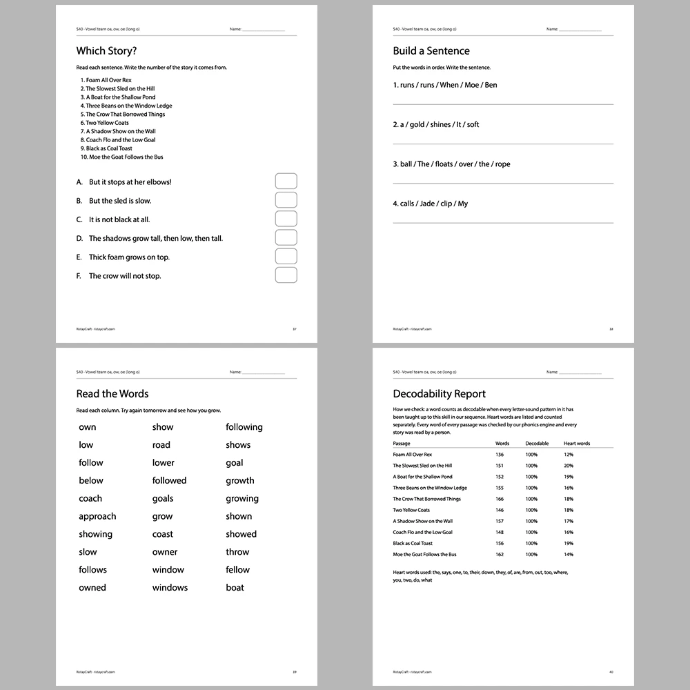 Vowel team oa, ow, oe (long o) Decodable Readers | 10 Stories 44 Pages | Phonics Printable PDF | Ages 6-8