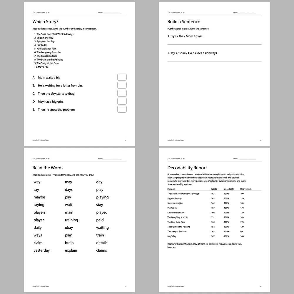 Vowel team ai, ay Decodable Readers | 10 Stories 44 Pages | Phonics Printable PDF | Ages 6-8
