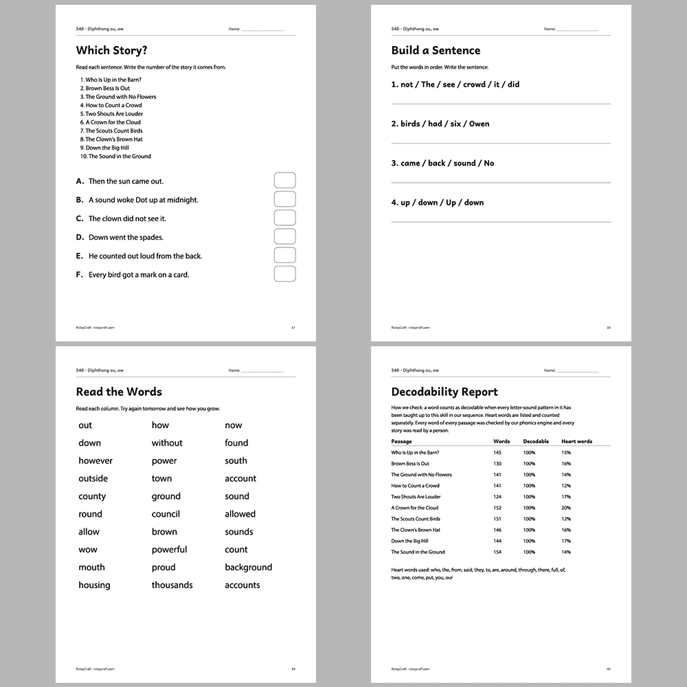 Diphthong ou, ow Decodable Readers | 10 Stories 44 Pages | Phonics Printable PDF | Ages 6-9