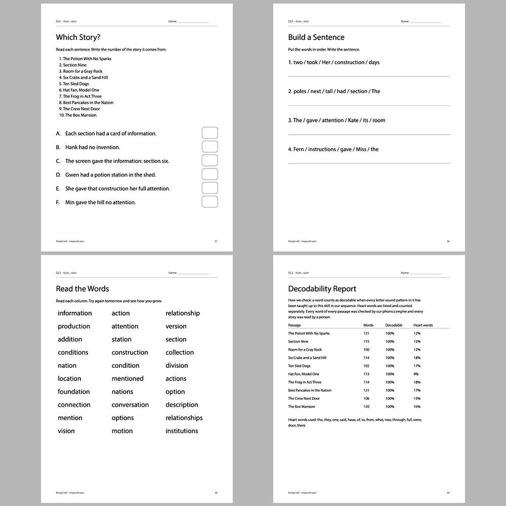 -tion, -sion Decodable Readers | 10 Stories 44 Pages | Phonics Printable PDF | Ages 6-9