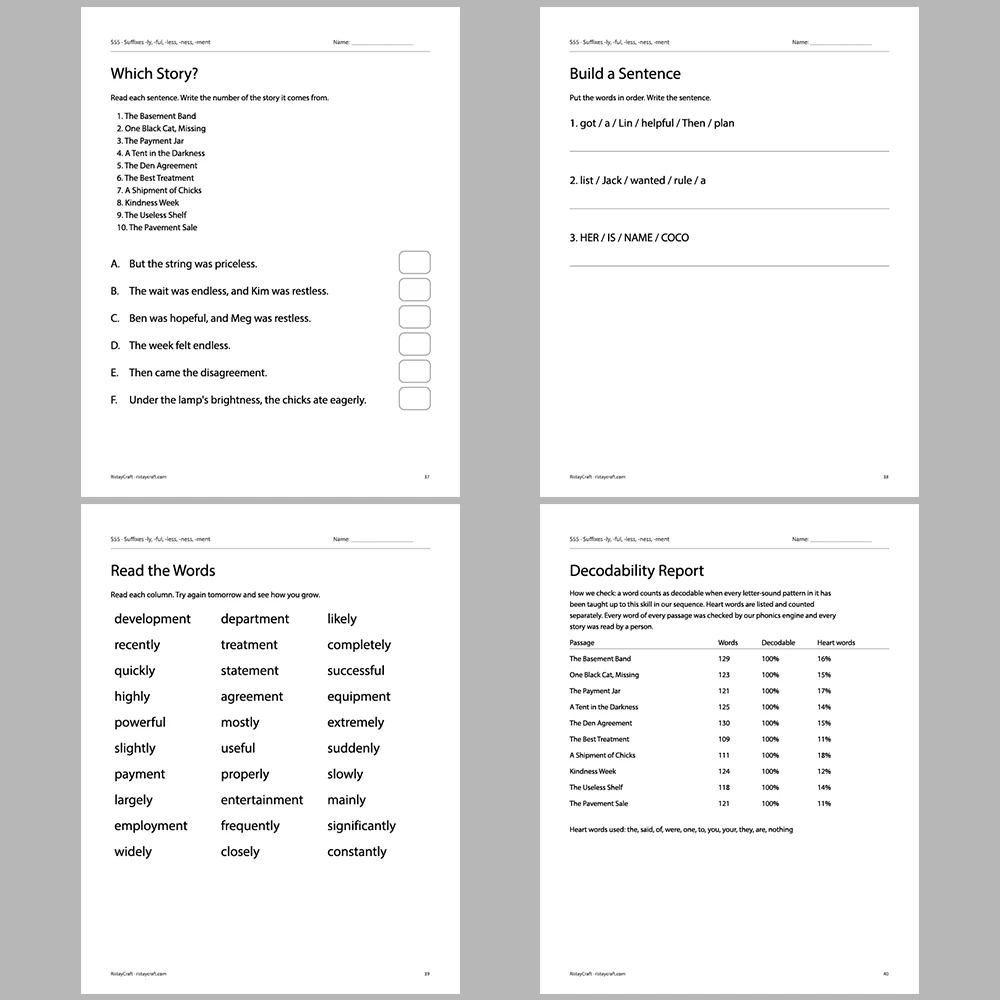 Suffixes -ly, -ful, -less, -ness, -ment Decodable Readers | 10 Stories 44 Pages | Phonics Printable PDF | Ages 6-9