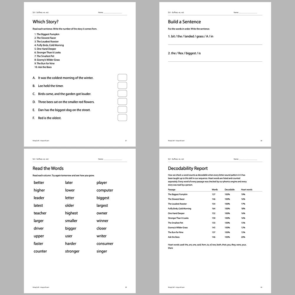 Suffixes -er, -est Decodable Readers | 10 Stories 44 Pages | Phonics Printable PDF | Ages 6-9
