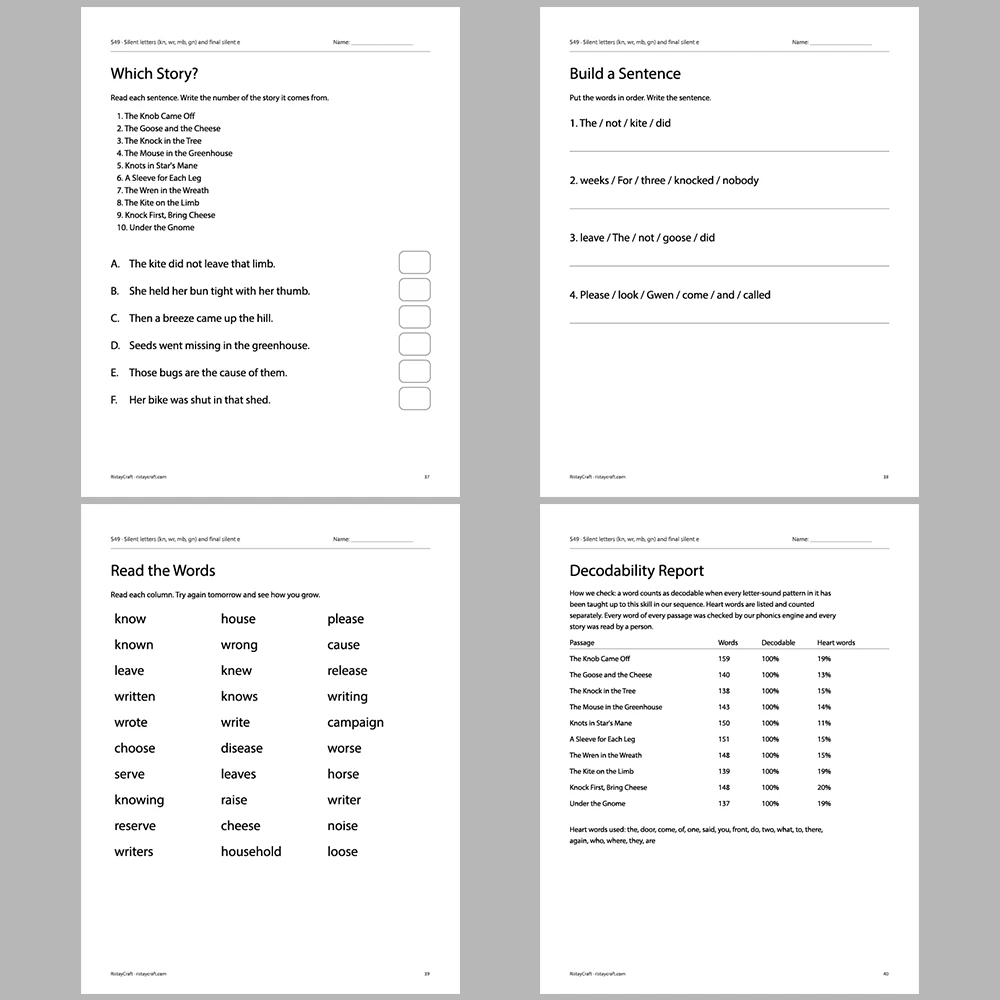 Silent letters (kn, wr, mb, gn) and final silent e Decodable Readers | 10 Stories 44 Pages | Phonics Printable PDF | Ages 6-9