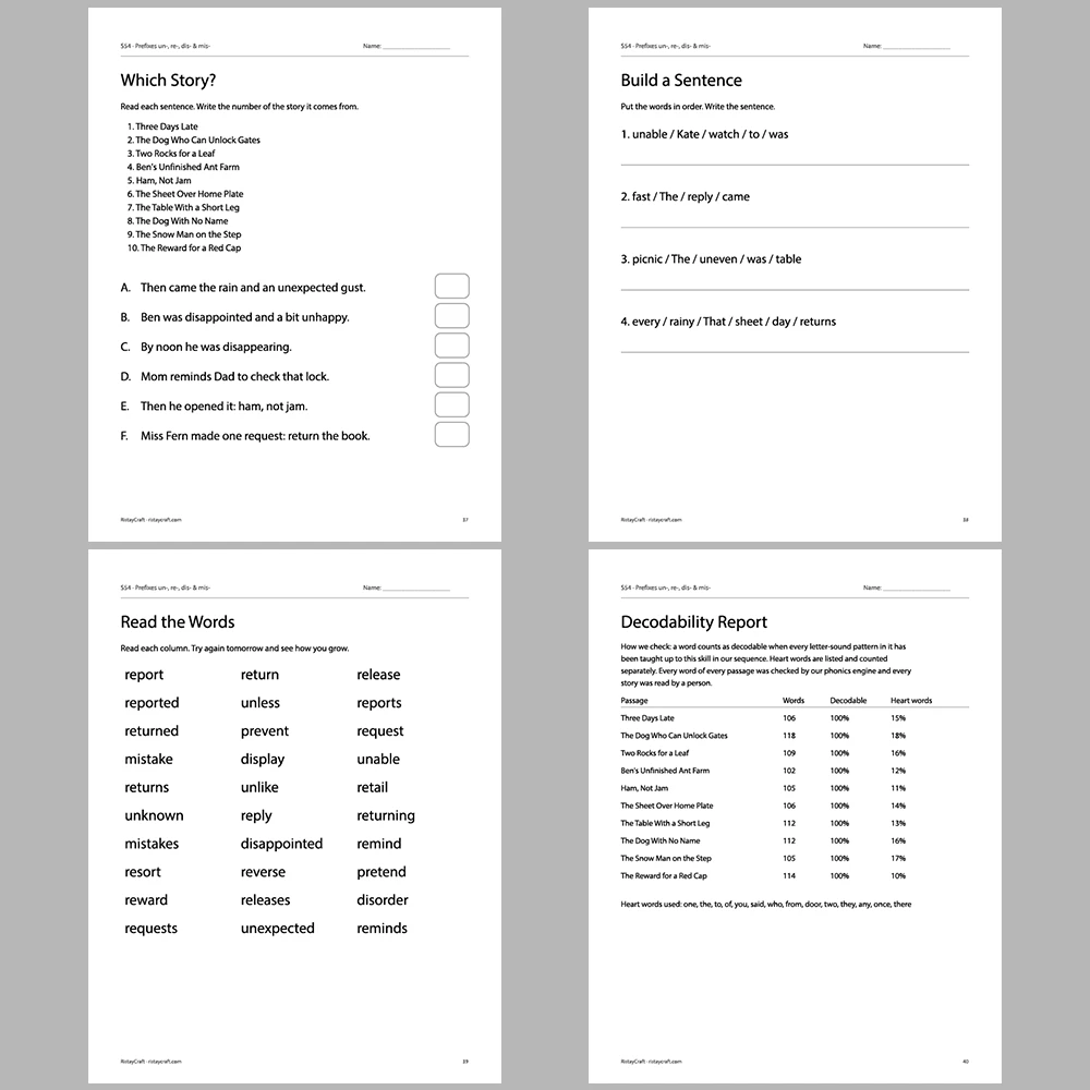 Prefixes un-, re-, dis- & mis- Decodable Readers | 10 Stories 44 Pages | Phonics Printable PDF | Ages 6-9