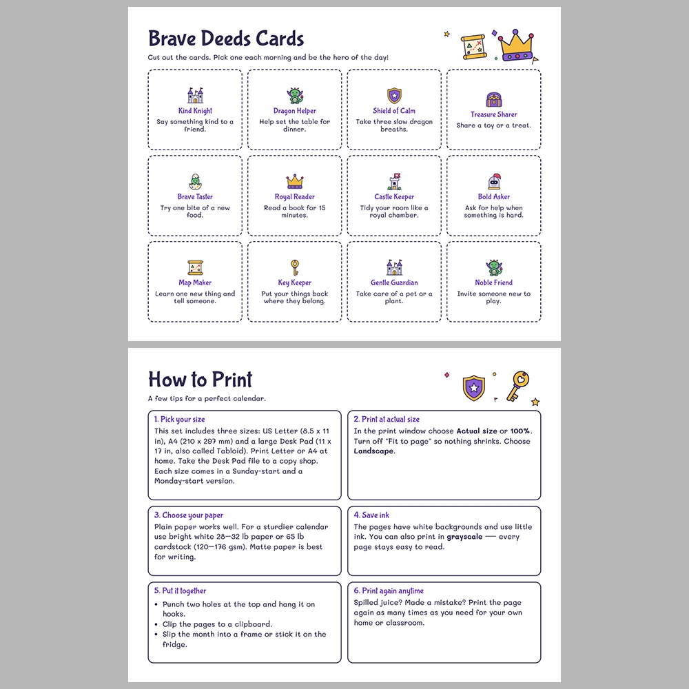 2027 Kids Calendar Printable | Castle & Dragons Monthly Calendar with Activities | Sunday & Monday Start | Letter A4 Desk Pad PDF