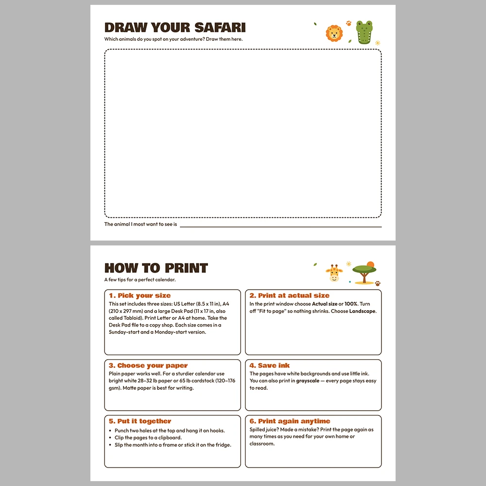 2027 Kids Calendar Printable | Safari Adventure Monthly Calendar with Activities | Sunday & Monday Start | Letter A4 Desk Pad PDF