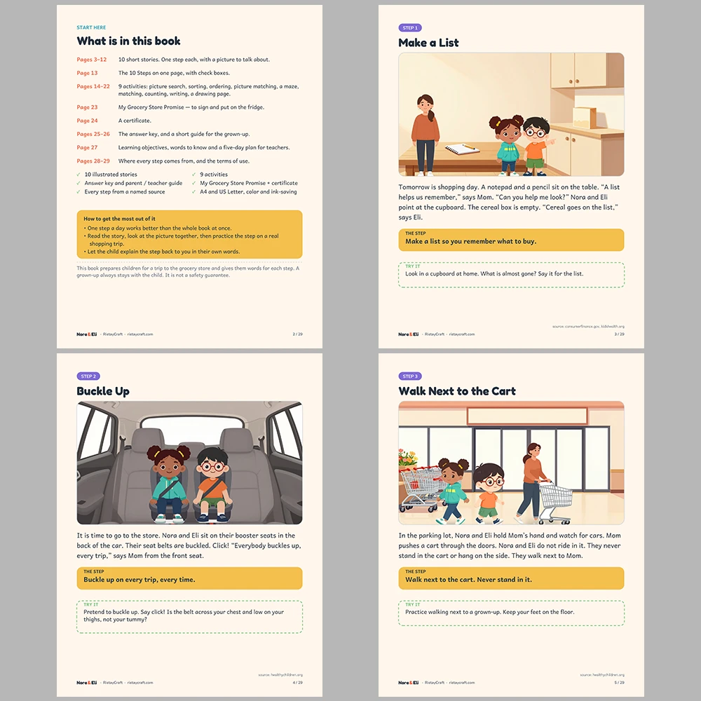 Grocery Store Social Narrative for Kids | 29-Page Printable Big Moment Story Ages 4–8 | Shopping List Cart Checkout Story Activities