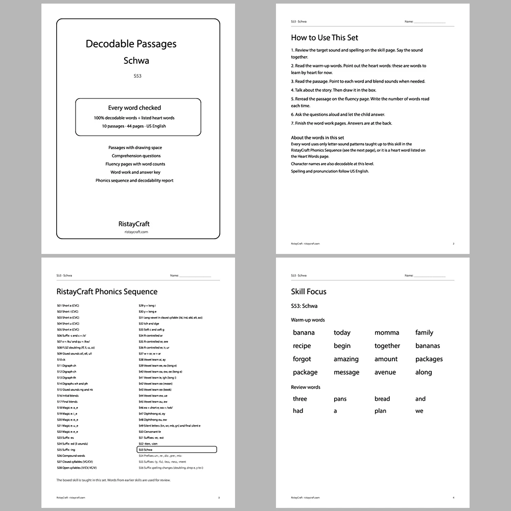 Schwa Decodable Readers | 10 Stories 44 Pages | Phonics Printable PDF | Ages 6-9