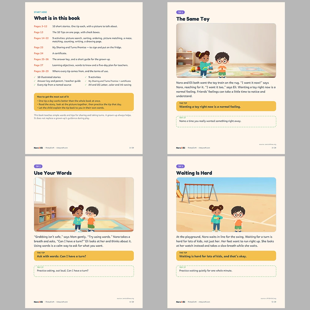 Sharing and Taking Turns Social Narrative for Kids | 29-Page Printable Big Moment Story Ages 4-8 | Turn Taking Stories Activities