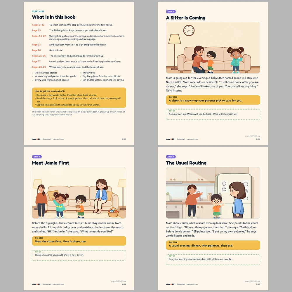 New Babysitter Social Narrative for Kids | 29-Page Printable Big Moment Story Ages 4–8 | Babysitter Goodbye Story Activities