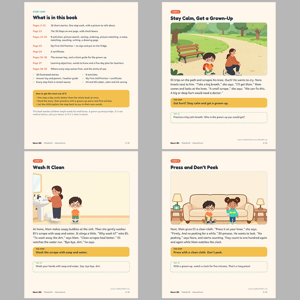 First Aid for Kids Printable | 29-Page Small Hurts First Aid Workbook Ages 5–8 | Scrapes Nosebleeds Stings Stories Activities