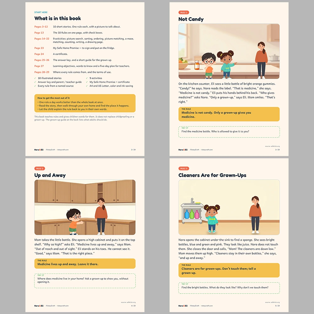 Home Safety for Kids Printable | 29-Page Safe at Home Workbook Ages 5–8 | Medicine Stove Window Rules Stories Activities