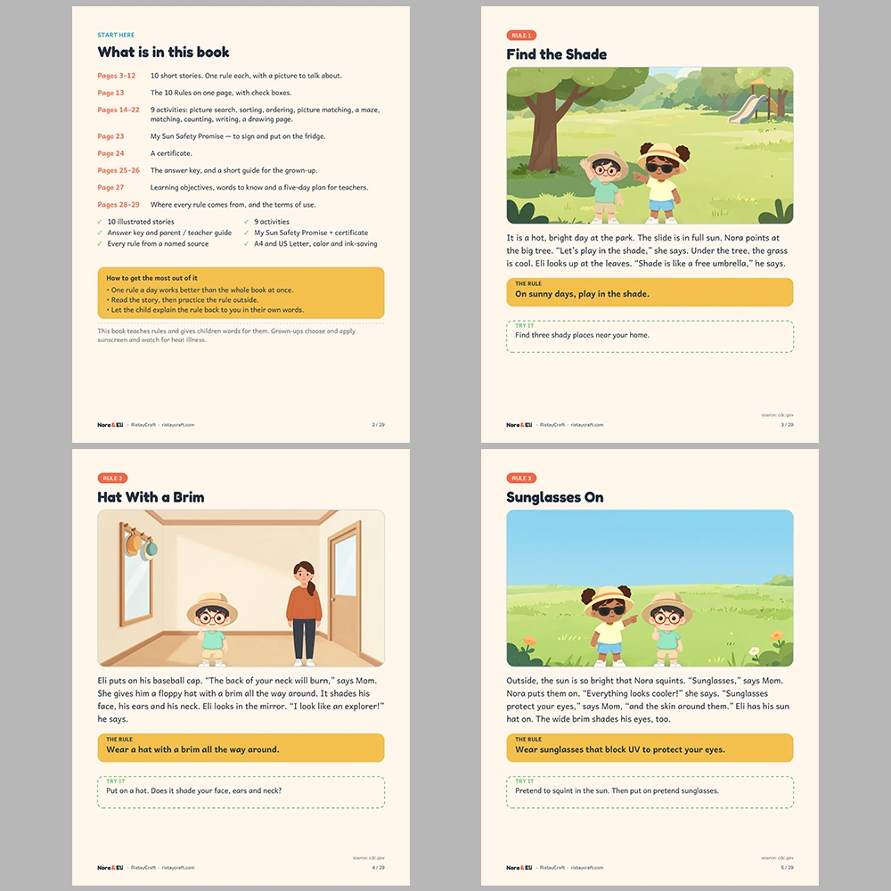 Sun Safety for Kids Printable | 29-Page Summer Heat and Sunscreen Workbook Ages 5–8 | Shade Hat Water Stories Activities