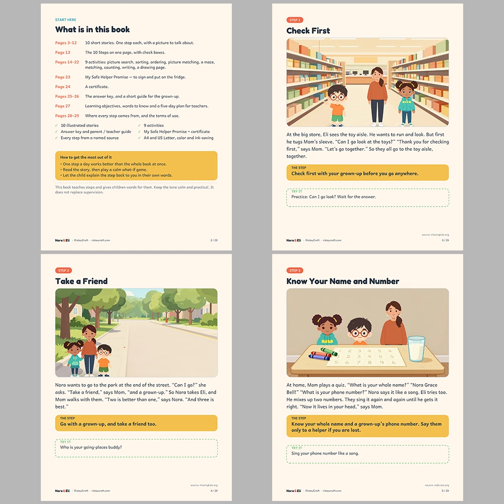 Stranger Safety for Kids Printable | 29-Page Lost Child and Safe Helpers Workbook Ages 5–8 | Check First Stories Activities