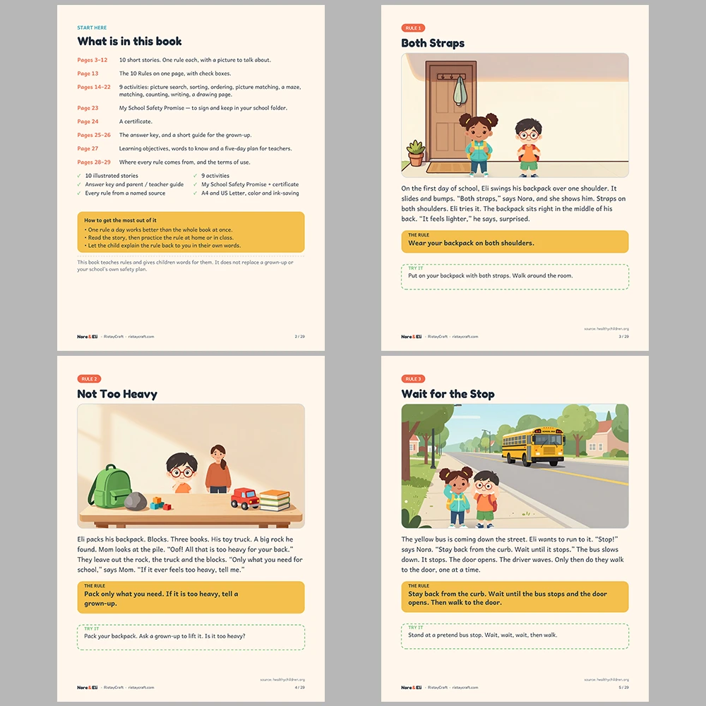 School Safety for Kids Printable | 29-Page Back to School Rules Workbook Ages 5–8 | Bus Handwashing Bullying Stories Activities
