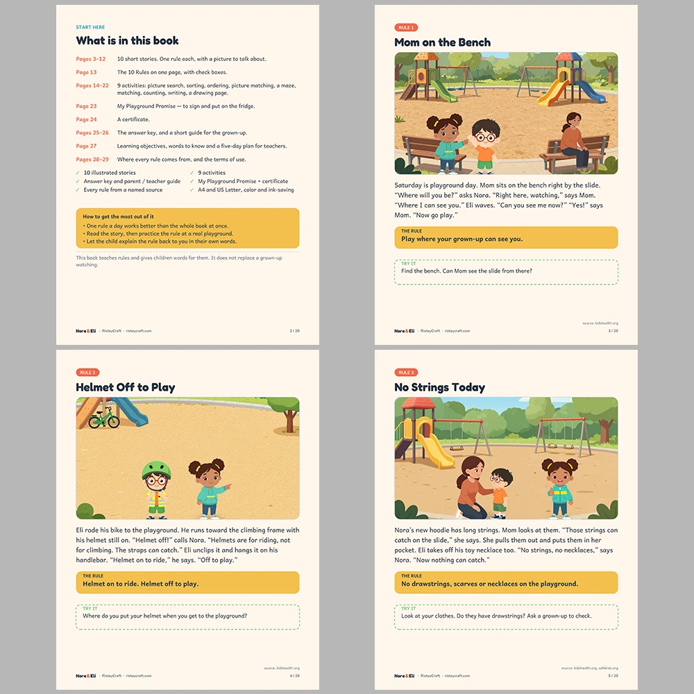 Playground Safety for Kids Printable | 29-Page Recess and Park Safety Workbook Ages 5–8 | Stories Activities