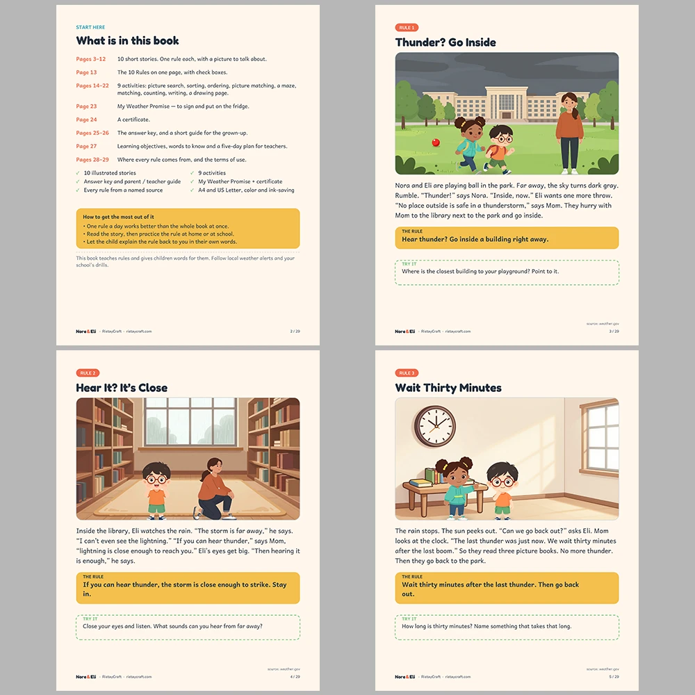 Weather Safety for Kids Printable | 29-Page Storm Tornado Flood Safety Workbook Ages 5–8 | Stories Activities