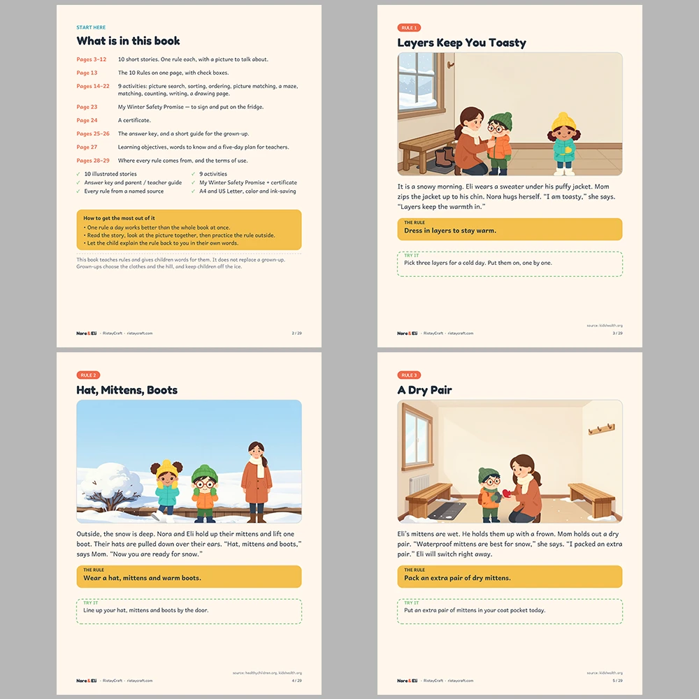 Winter Safety for Kids Printable | 29-Page Snow and Ice Safety Workbook Ages 5–8 | Sledding Layers Cold Weather Activities