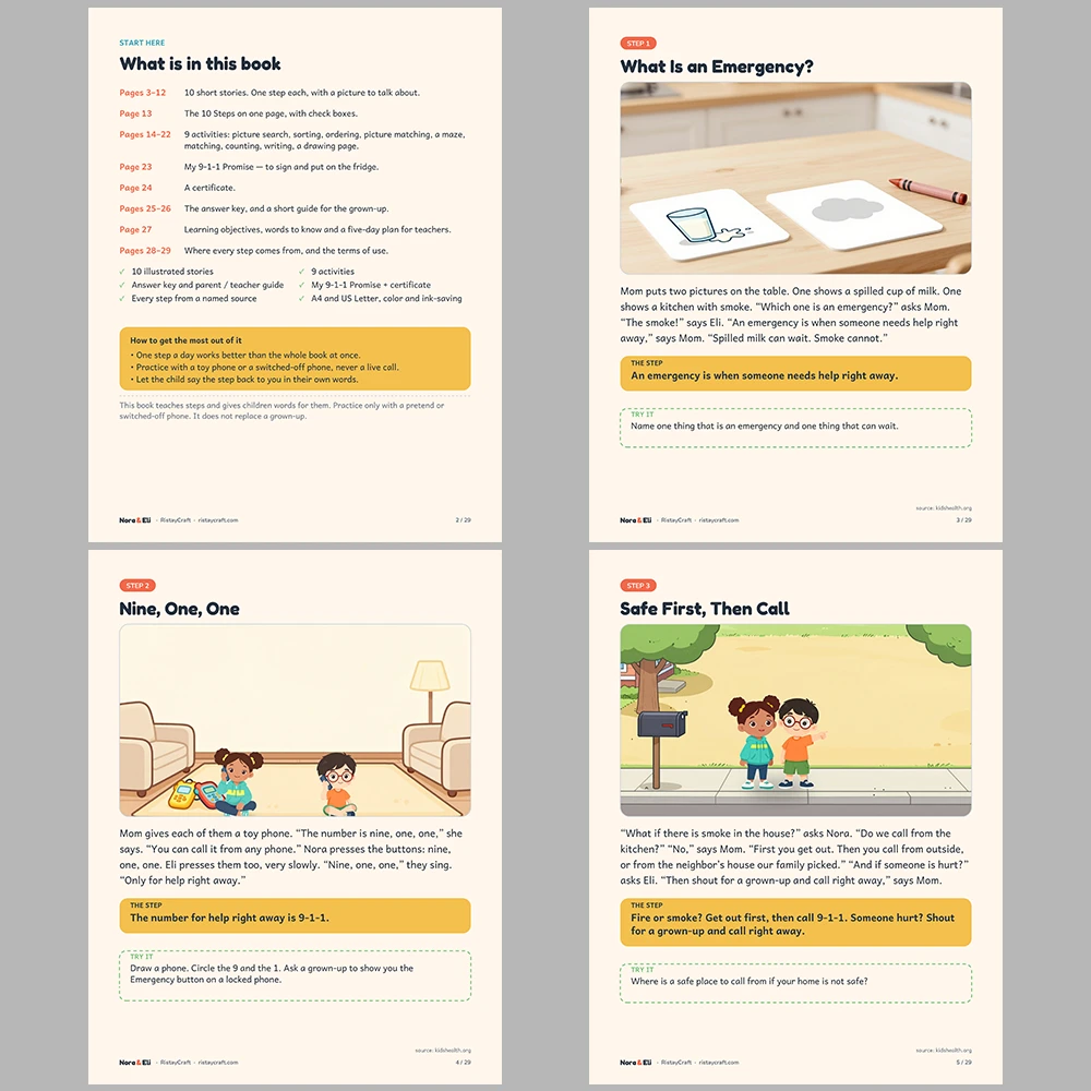 How to Call 911 for Kids Printable | 29-Page Emergency Safety Workbook Ages 5–8 | Stories Activities Address Card