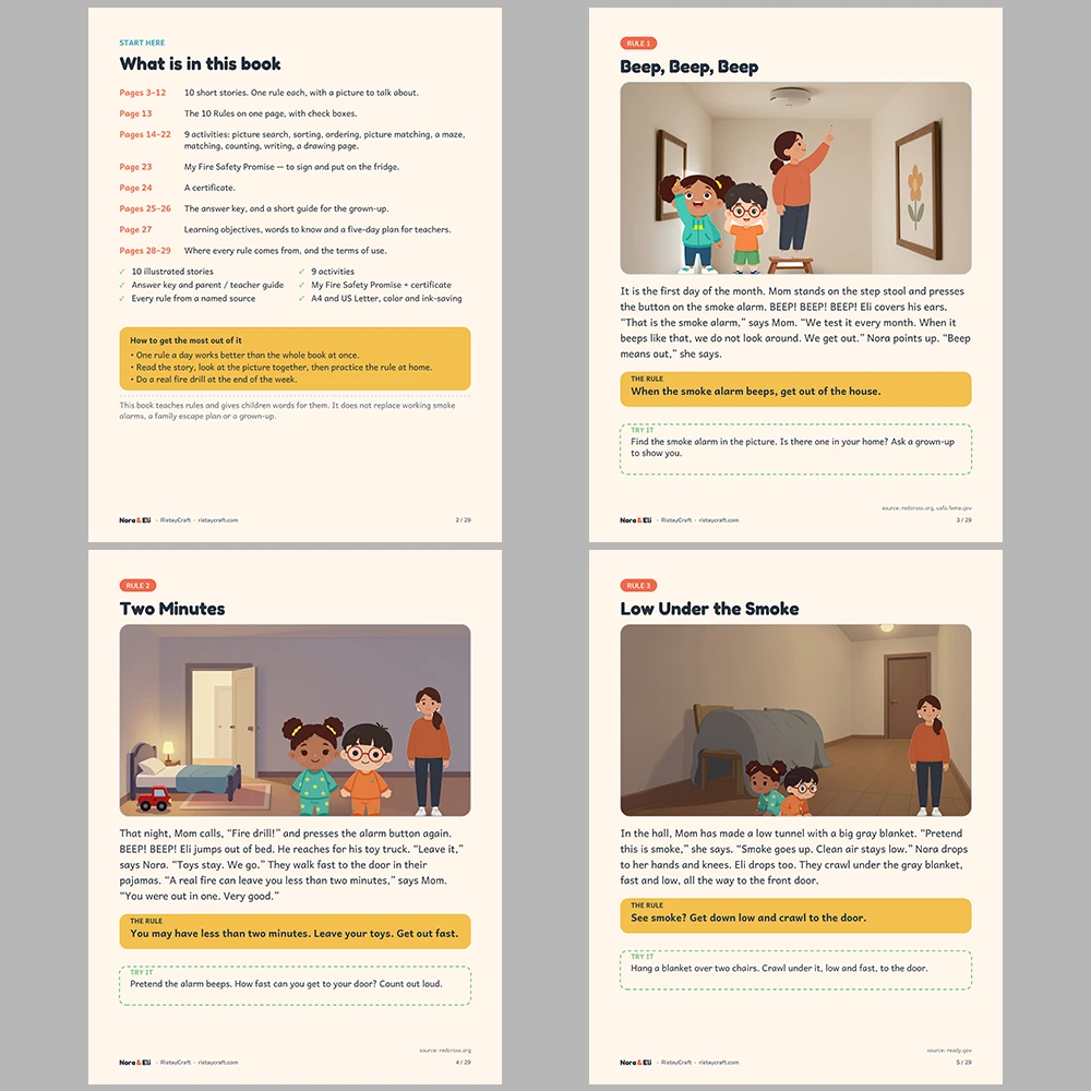 Fire Safety for Kids Printable | 29-Page Fire Drill and Escape Plan Workbook Ages 5–8 | Smoke Alarm Stories Activities