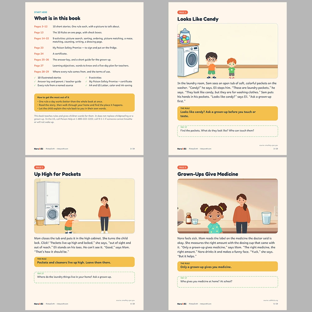 Poison Safety for Kids Printable | 29-Page Medicine Battery and Laundry Packet Safety Workbook Ages 5–8 | Stories Activities