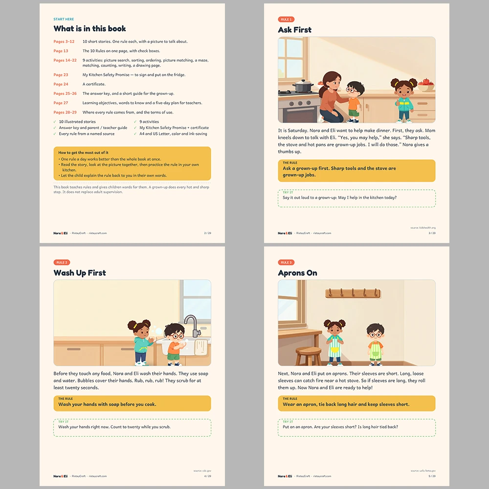 Kitchen Safety for Kids Printable | 29-Page Cooking Safety Workbook Ages 5–8 | Stove Hot Pan Handwashing Stories Activities