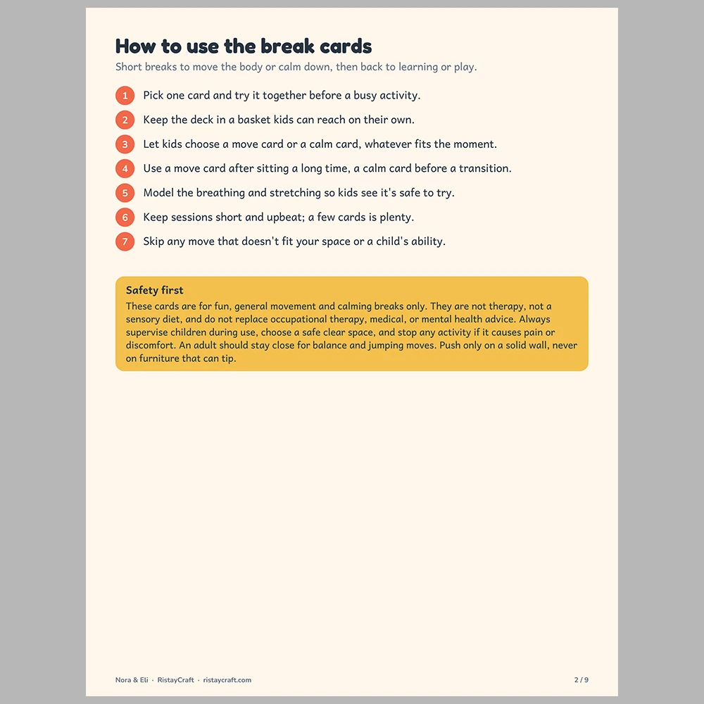 Movement & Calm Break Cards for Kids, Printable Brain Break Cards Ages 4-8, Classroom Calm Corner, Nora & Eli