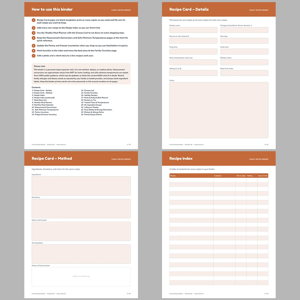 Family Recipe Binder Printable | Recipe Book Template PDF | Recipe Cards, Meal Planner, Pantry List | Instant Download