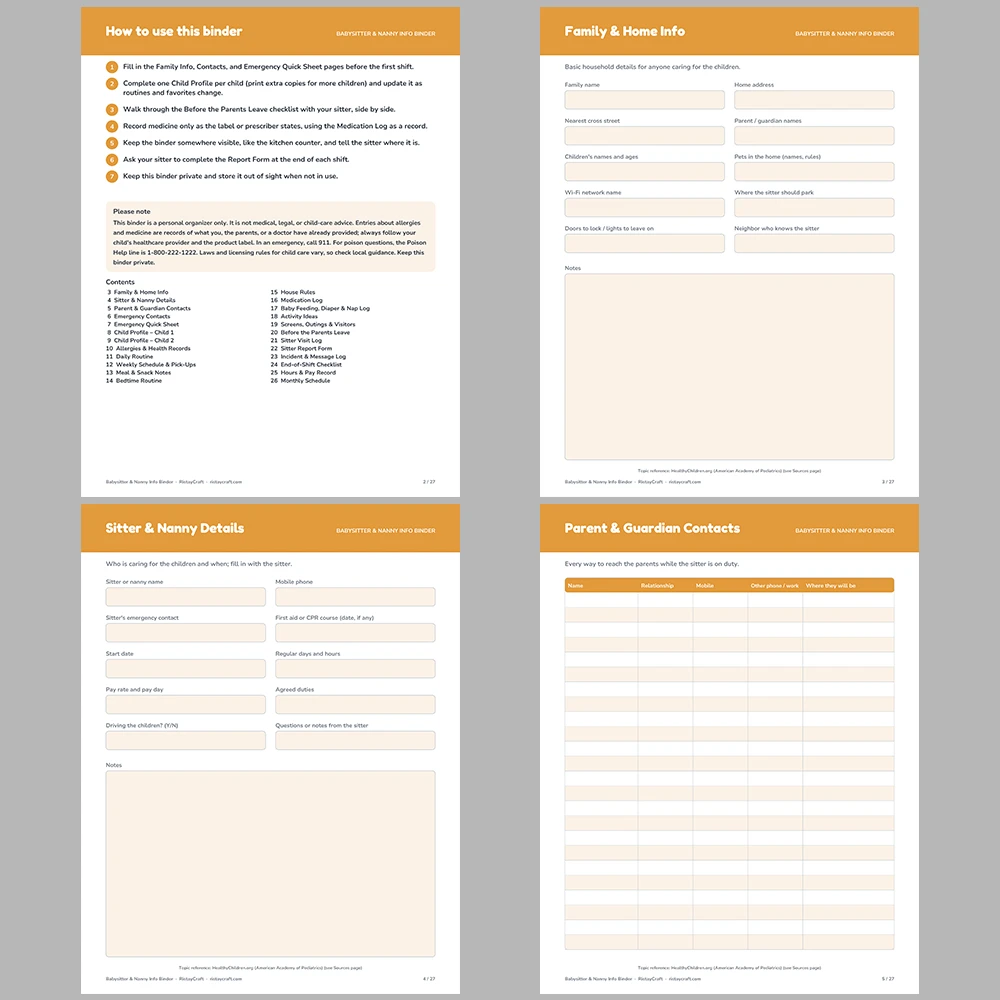 Babysitter Binder Printable | Nanny Info Sheet | Emergency Contacts, Child Profile, Bedtime Routine, Sitter Notes | Instant Download PDF