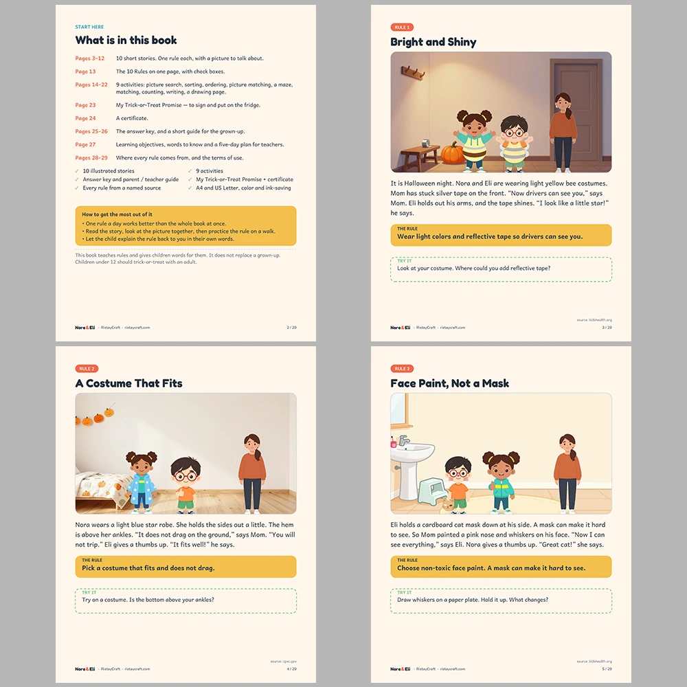 Halloween Safety for Kids Printable | 29-Page Trick-or-Treat Safety Workbook Ages 5–8 | Costume Flashlight Crosswalk Activities