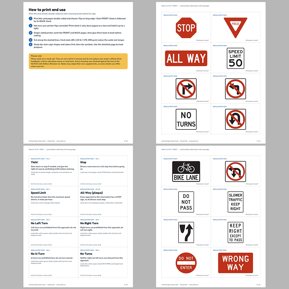 US Road Signs Flash Cards | 75 Real US Traffic Signs with Meanings | Driver’s Ed & Permit Test Study Cards | Printable PDF