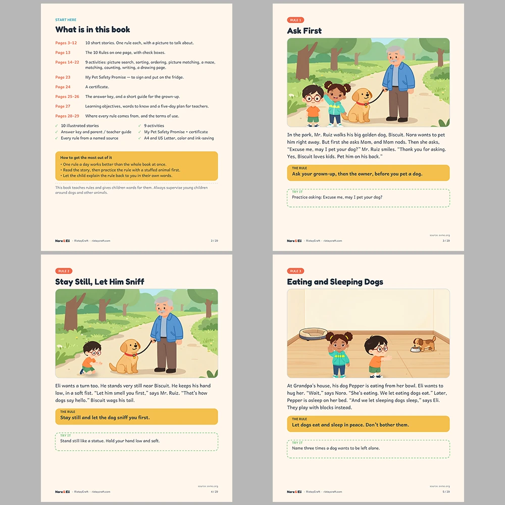 Dog Safety for Kids Printable | 29-Page Pet and Animal Safety Workbook Ages 5–8 | Dog Bite Prevention Stories Activities
