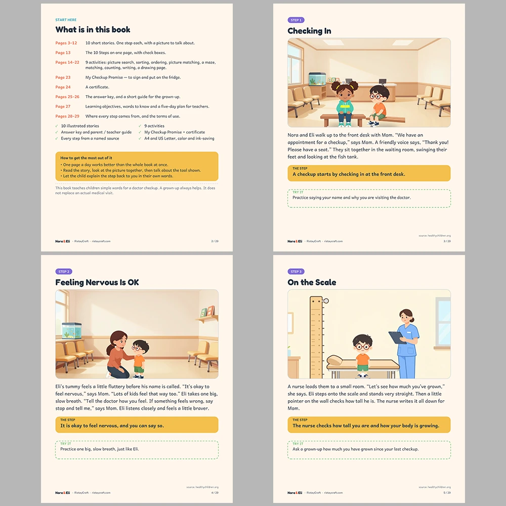 Doctor Checkup Social Narrative for Kids | 29-Page Printable Big Moment Story Ages 4–8 | Well-Child Visit Story Activities