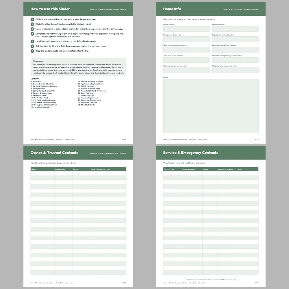 House Sitter Binder Printable | Pet Sitter Instructions | Home Info, Pet Care, Plant Care, Daily Log | Instant Download PDF
