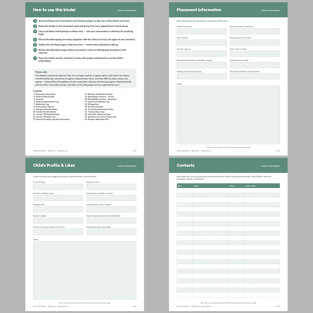 Foster Care Binder Printable | Foster Parent Organizer | Placement, Medical, School & Contact Log | Instant Download PDF