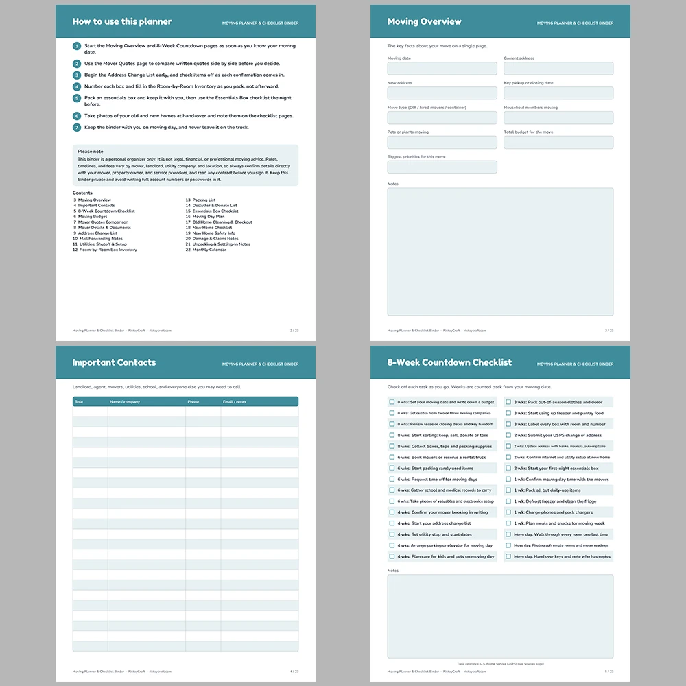 Moving Planner Binder Printable | Moving Checklist, Box Inventory, Budget & Address Change List | Instant Download PDF