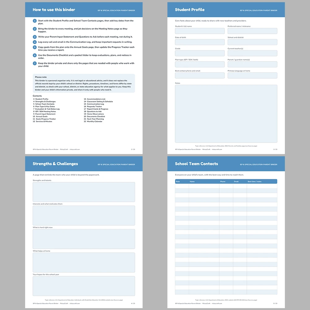 IEP Binder Printable | Special Education Parent Organizer | 504 Plan Meeting Notes, Goals Tracker & Communication Log | PDF