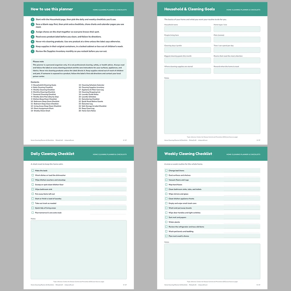 Home Cleaning Planner Printable | Cleaning Checklists, Chore Chart, Deep Clean Room Lists, Supplies Inventory & Calendar | Fillable PDF