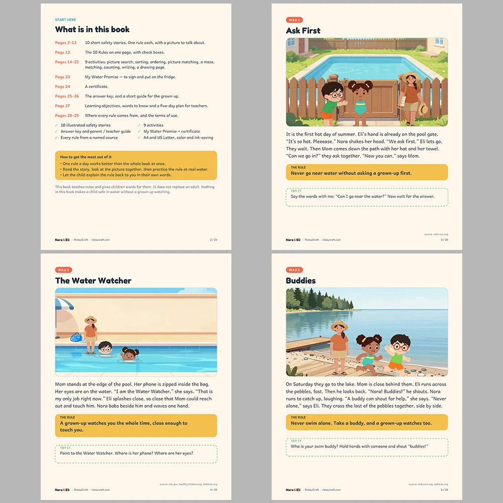 Water Safety for Kids Printable | 29-Page Pool Beach Lake Safety Workbook Ages 5–8 | Stories Activities | Instant Download
