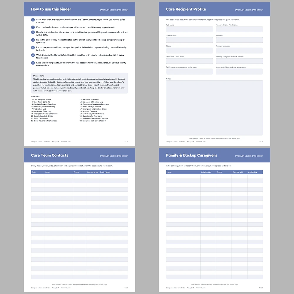 Caregiver Binder Printable | Elder Care Organizer | Medication, Appointments, Care Schedule & Handoff Log | Instant Download PDF
