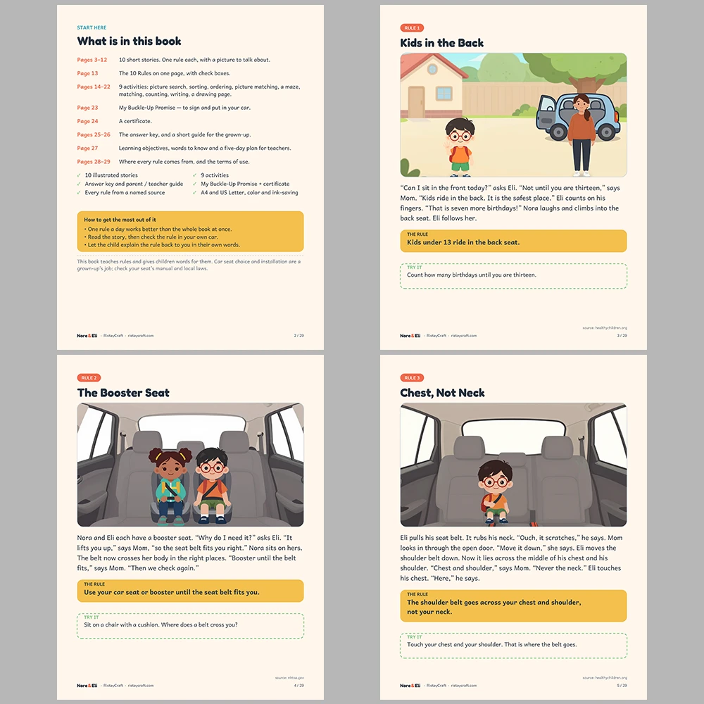 Car Safety for Kids Printable | 29-Page Seat Belt and Booster Seat Workbook Ages 5–8 | Buckle Up Stories Activities
