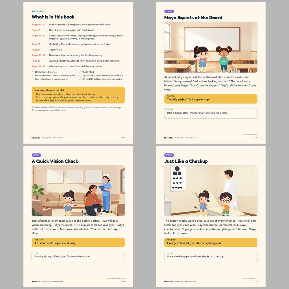 Getting Glasses Social Narrative for Kids | 29-Page Printable Big Moment Story Ages 4–8 | Eye Exam Frames Activities